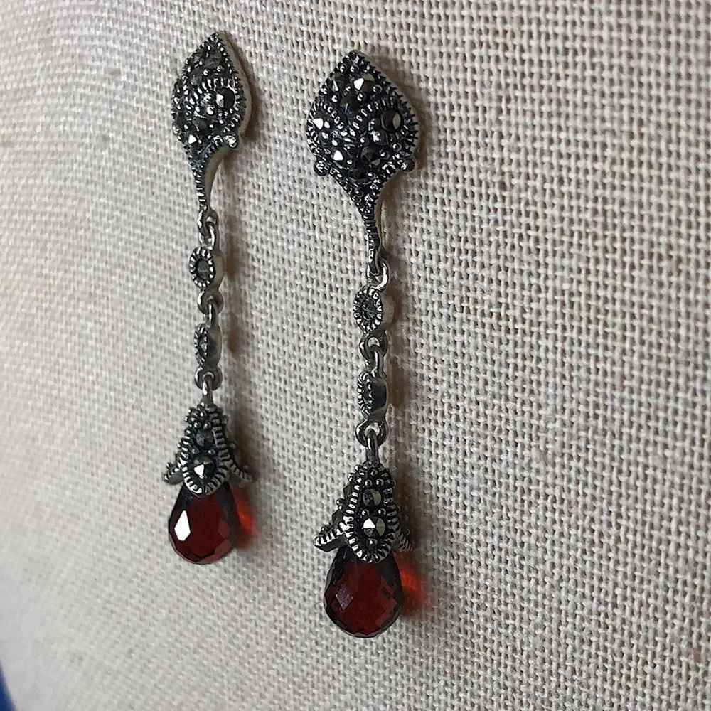 Vintage Red Garnet and Marcasite Long Drop Dangle Sterling Silver Earrings - Picture 11 of 14